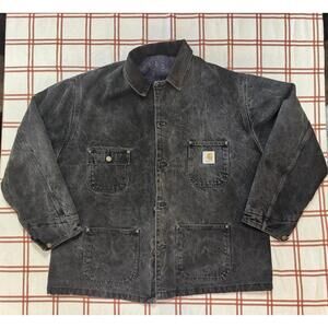 Vintage Carhartt Chore Barn Coat Black Denim Aztec Blanket Lined NO SIZE TAG 2XL